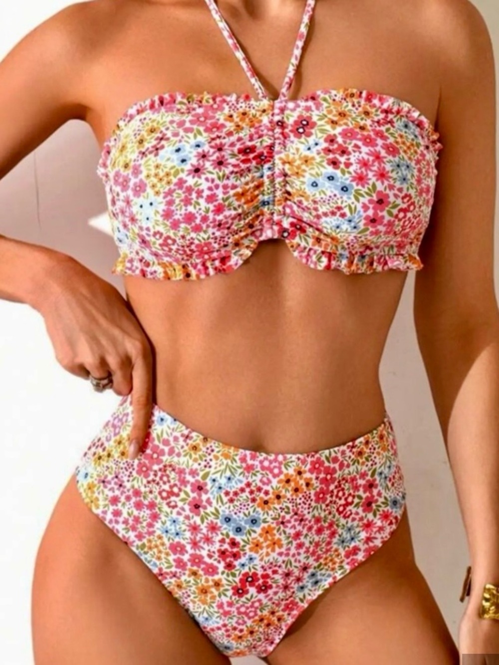 Floral Bandeau High-Waist Bikini Set - Pink Multi New Without Tags